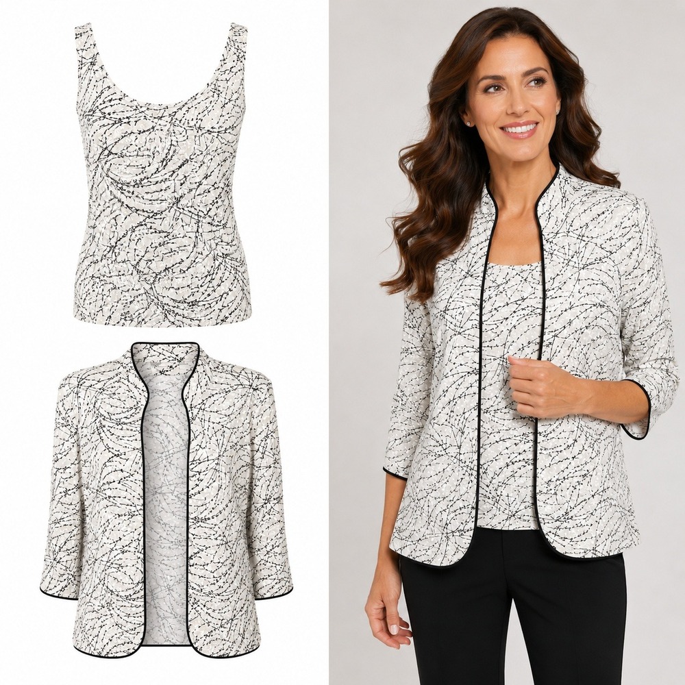 Alex Evenings Petite MP 2-Piece Jacket Set White Black Glitter Branch Print USA